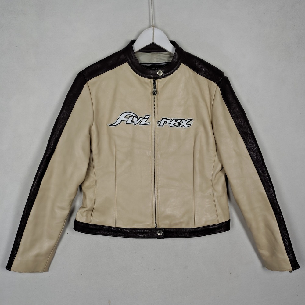 Avirex Leather Cafe Racer Jacket Cream Brown Embroidered Logo Y2K Streetwear XXL